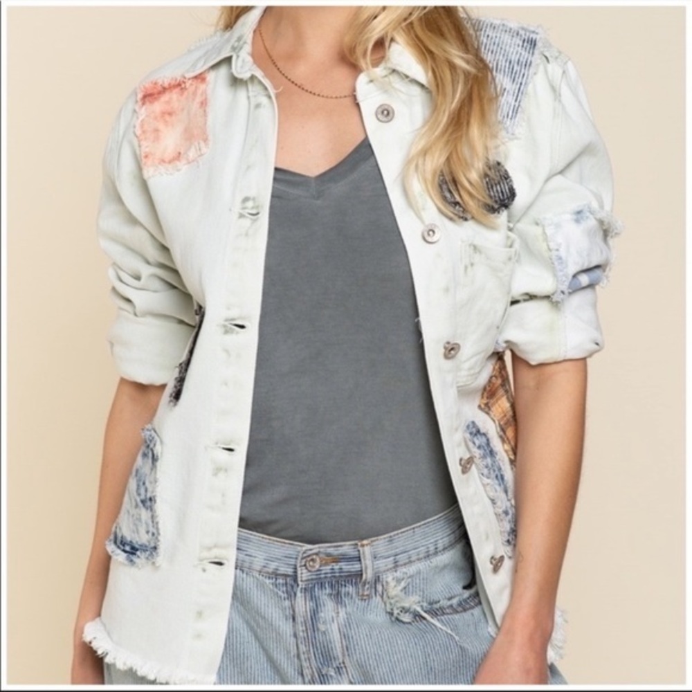 POL Western Bleached Denim Jacket Unique Patchwork Acid Wash Tie Dye - Picture 7 of 11
